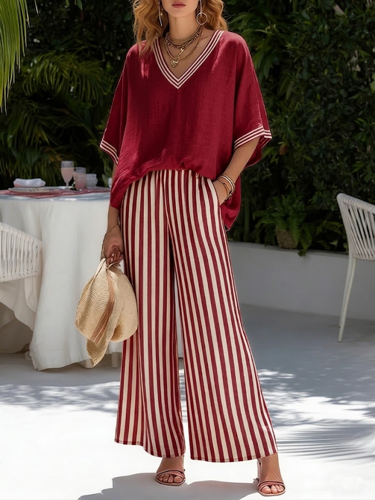 Completo casual due pezzi: top patchwork a righe in lino e cotone e pantaloni a righe