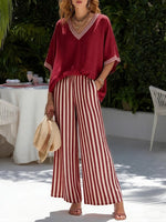 Completo casual due pezzi: top patchwork a righe in lino e cotone e pantaloni a righe