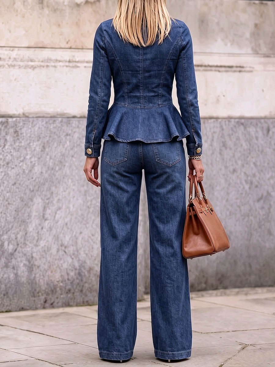 Damen Freizeit-Jeans-Set mit lockerem Schnitt: Langärmeliges Rundhalsoberteil und hoch taillierte Jeans mit weitem Bein
