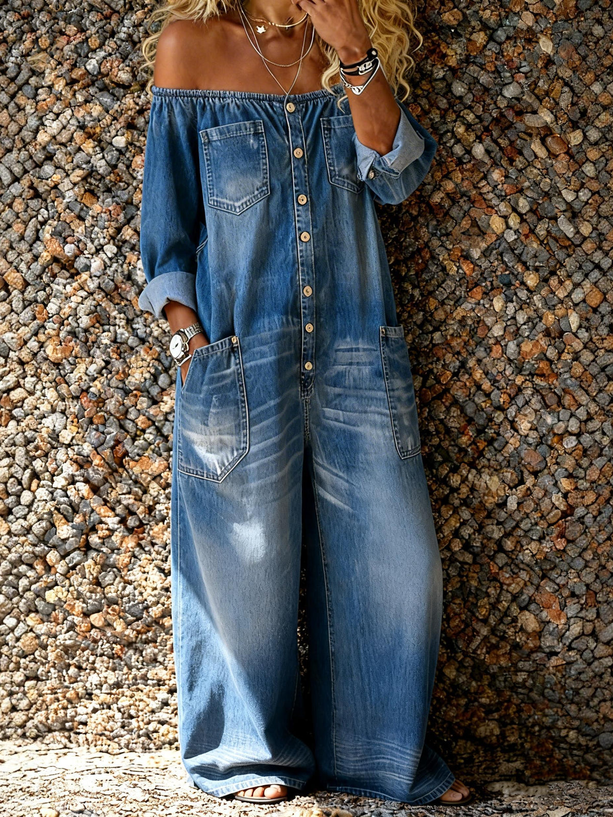 Macacão casual feminino de ganga em algodão lavado com mangas compridas