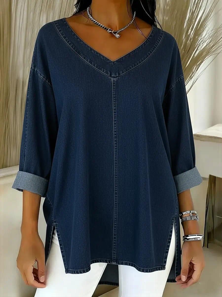 Damen Freizeit-Oberteil aus gewaschenem Denim-Baumwollstoff