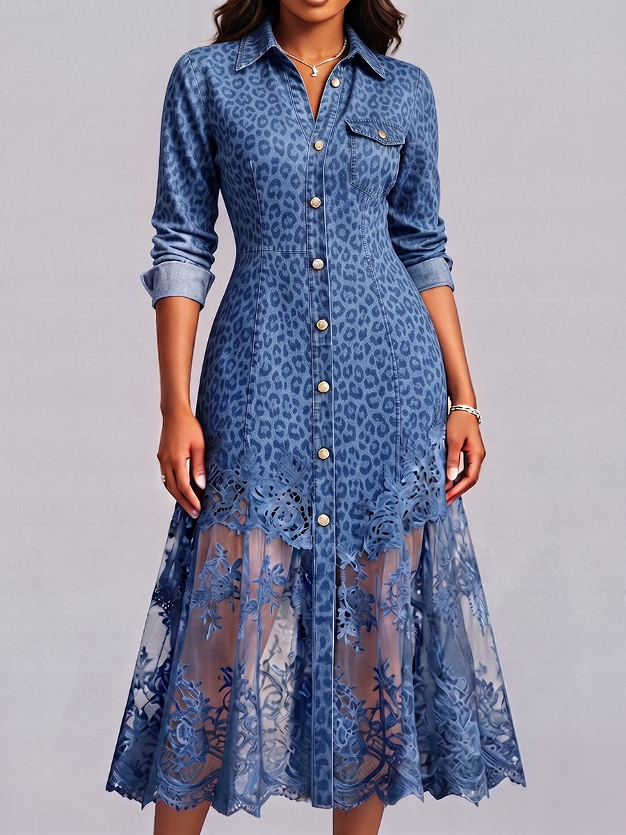 Sexy Jeanskleid mit Leopardenmuster und Spitzenabschluss