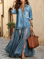 Abito lungo casual da donna in denim con rever retrò, organza e patchwork artistico