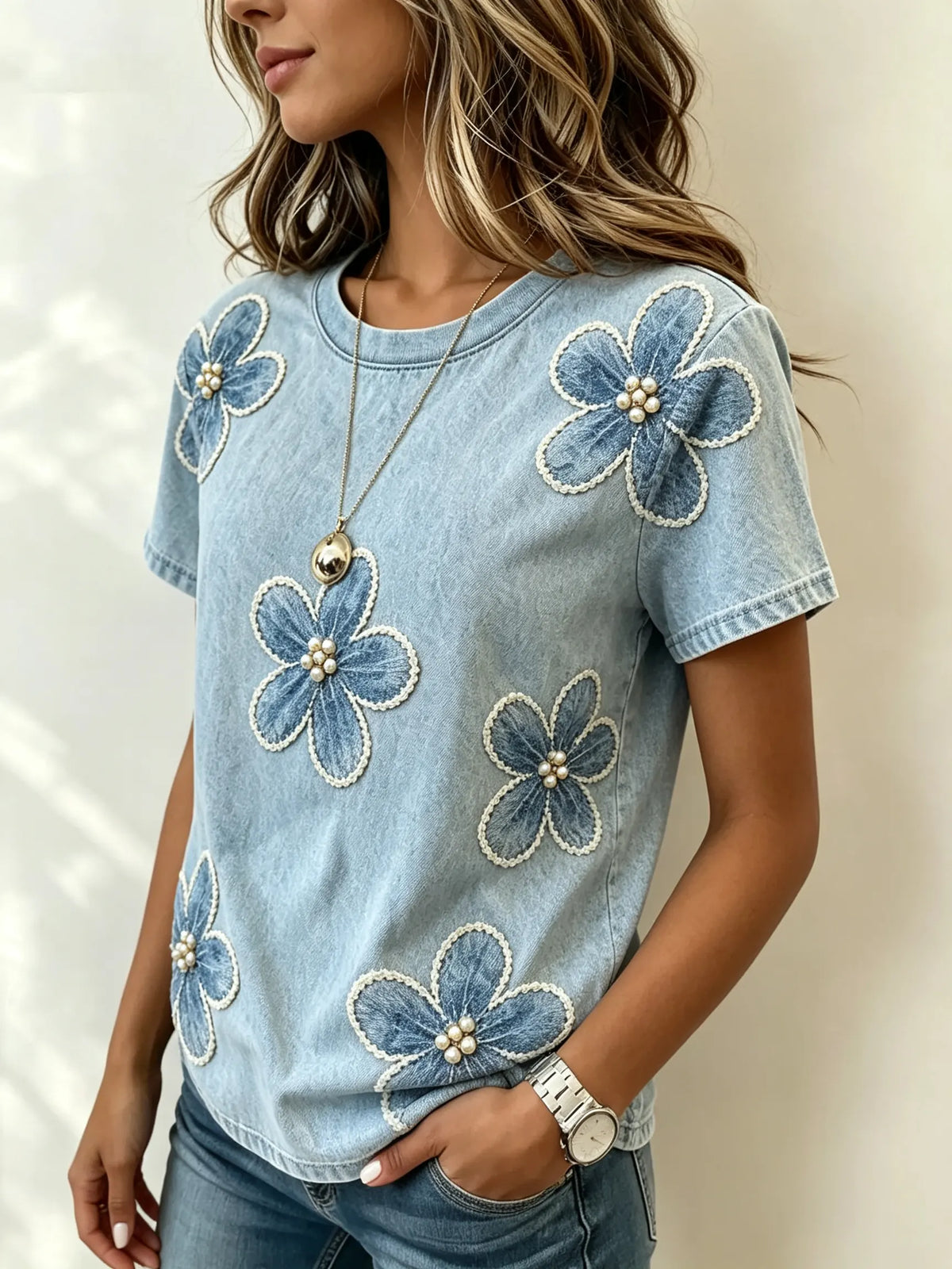 Dam T-shirt i denim med pärl- och blommotivapplikation