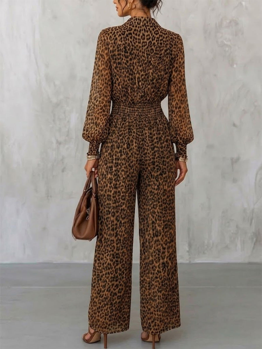 Vintage Jumpsuit mit Leopardenmuster, Reverskragen, Knopfleiste, elastischem Taillenbund, Puffärmeln, locker fallendem Stoff und weitem Bein