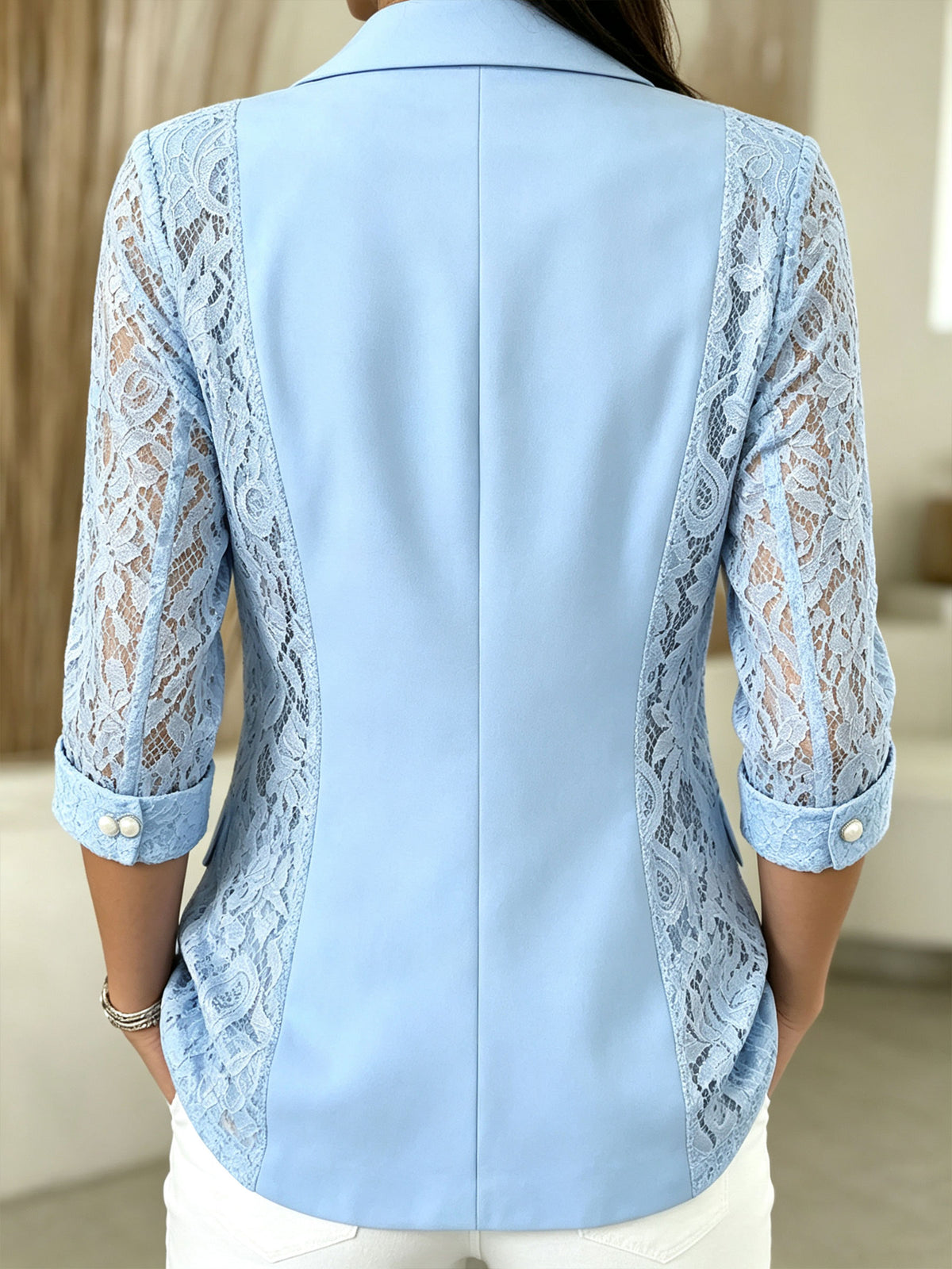 Giacca blazer da donna con pizzo, maniche 3/4, rever con intaglio e chiusura con un bottone