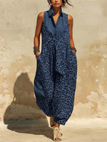 Macacão Harem Solto com Punhos, Sem Mangas, Decote em V, Estilo Duplo Falso com Lapela em Denim, Estampa Leopardo Azul