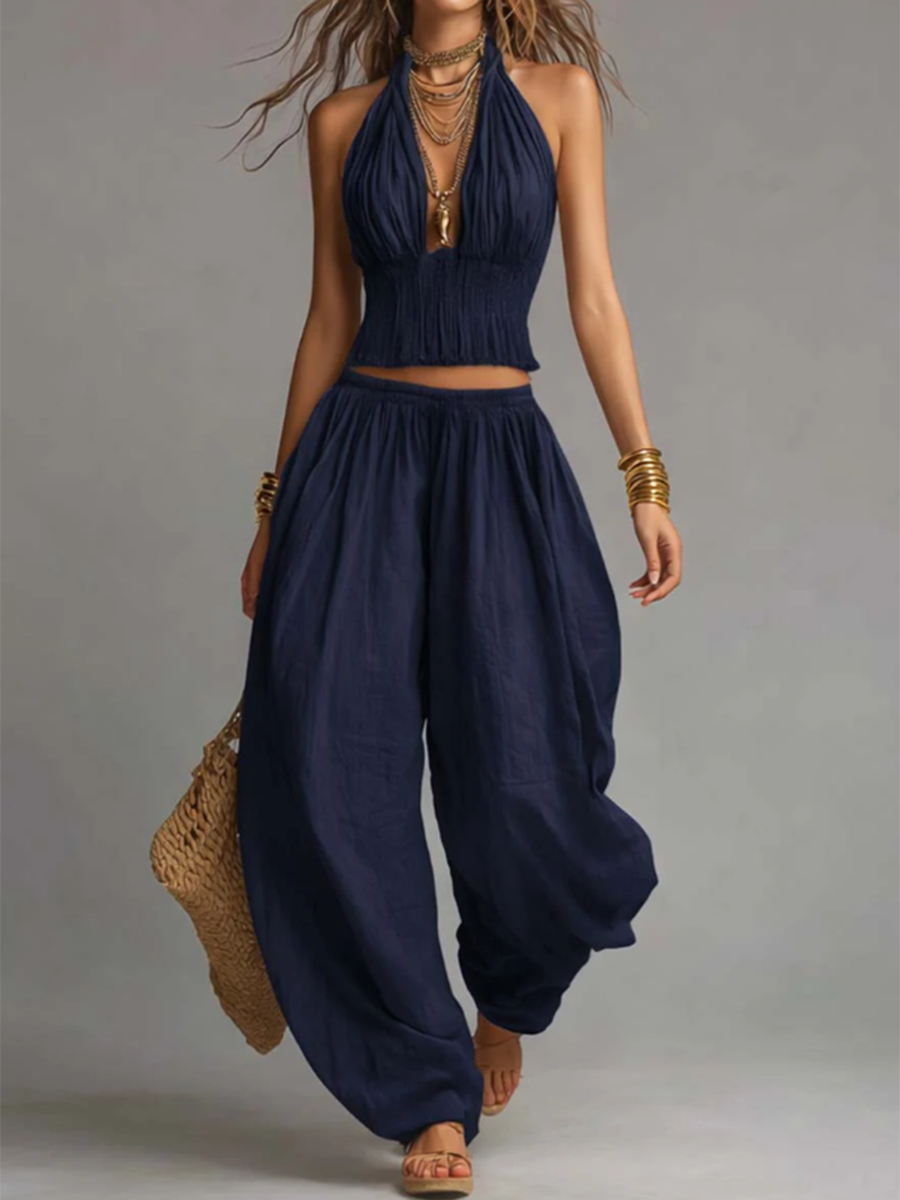 Set due pezzi sexy boho con top halter e pantaloni a gamba larga