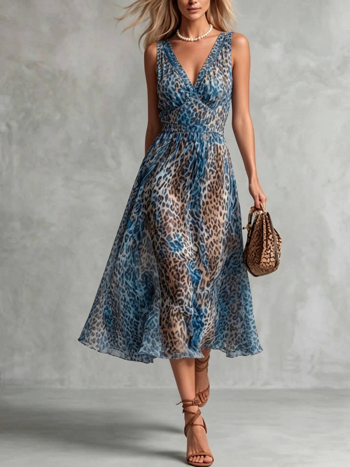 Vestito midi da donna con scollo a V e stampa leopardata