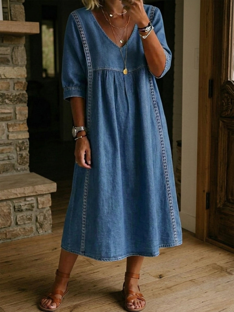Vestido de ganga casual e largo com acabamento em renda