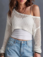 Hullete mesh off-shoulder asymmetrisk kort genser med lange ermer