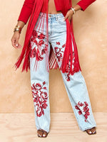 Damen-Jeans mit hohem Bund, lockerem, geradem Bein und platziertem Druck