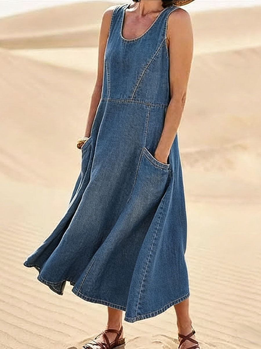 Vestito casual da donna in denim, senza maniche, collo rotondo e vestibilità ampia