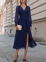 Damen Chiffonkleid in einfarbigem Design mit V-Ausschnitt, langen Ärmeln und lockerem, lässigem Schnitt