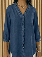 Camicia casual da donna in denim con scollo a V e volant