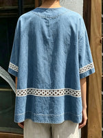 Top oversize da donna in denim con inserto in pizzo
