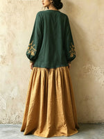 Damen Retro Ethnisches Blumenmuster Kunst Freizeit Stilvoll V-Ausschnitt Langarm Baumwolle Leinen Maxikleid