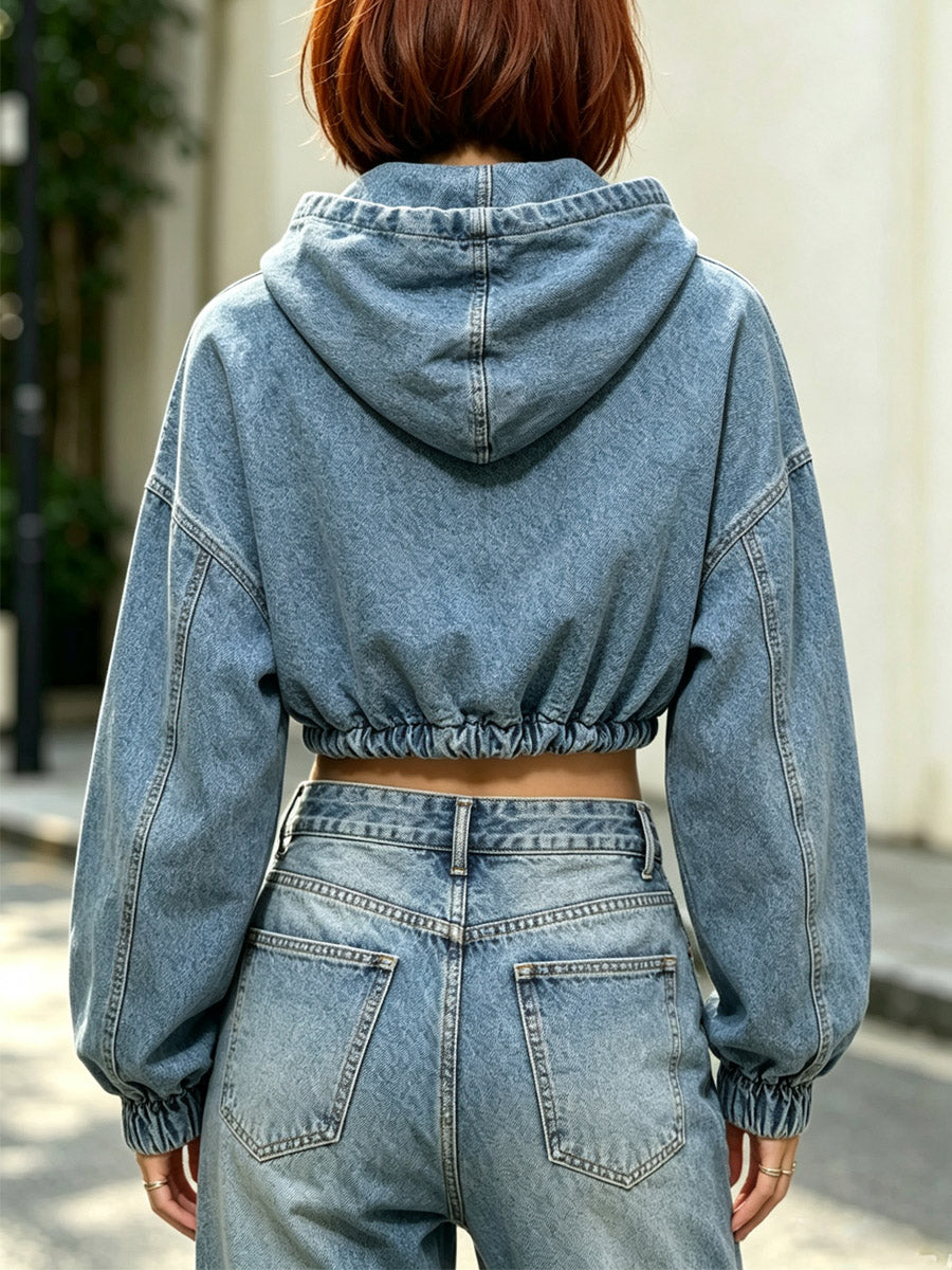 Sudadera con capucha de mezclilla retro, manga larga con cordón, camisa artística casual y elegante