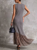Robe maxi en maille côtelée à médias mixtes audacieuse et imprimé léopard