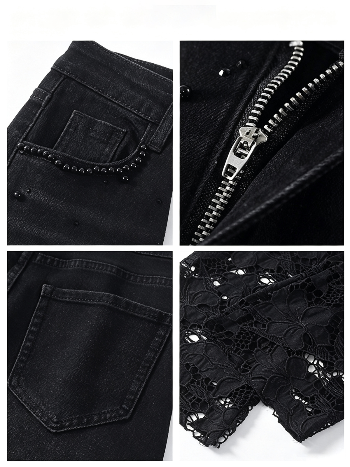 Jeans da donna a gamba dritta e vestibilità ampia con inserti in pizzo nero e decorazioni con perline per un effetto snellente.