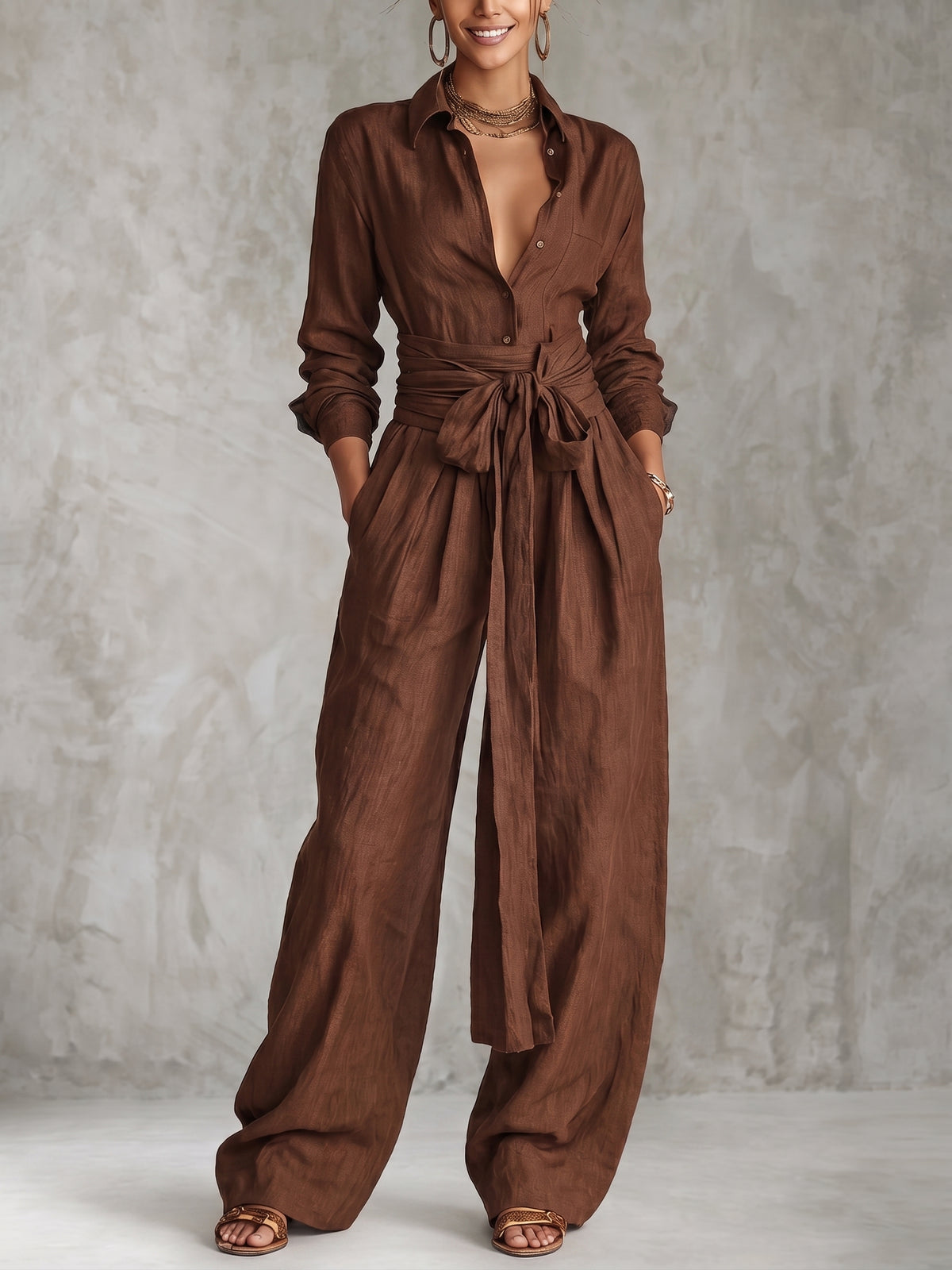 Completo due pezzi con top a collo in tinta unita e pantaloni casual alla moda a vita alta