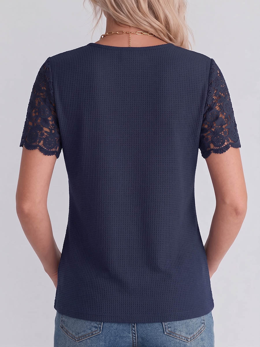 Damen Pullover mit V-Ausschnitt in Uni-Farbe, Waffelstrick, mit Spitzenstickerei – lässige, lockere Passform