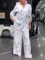 Conjunto de dos piezas casual con camisa y pantalones de estampado floral