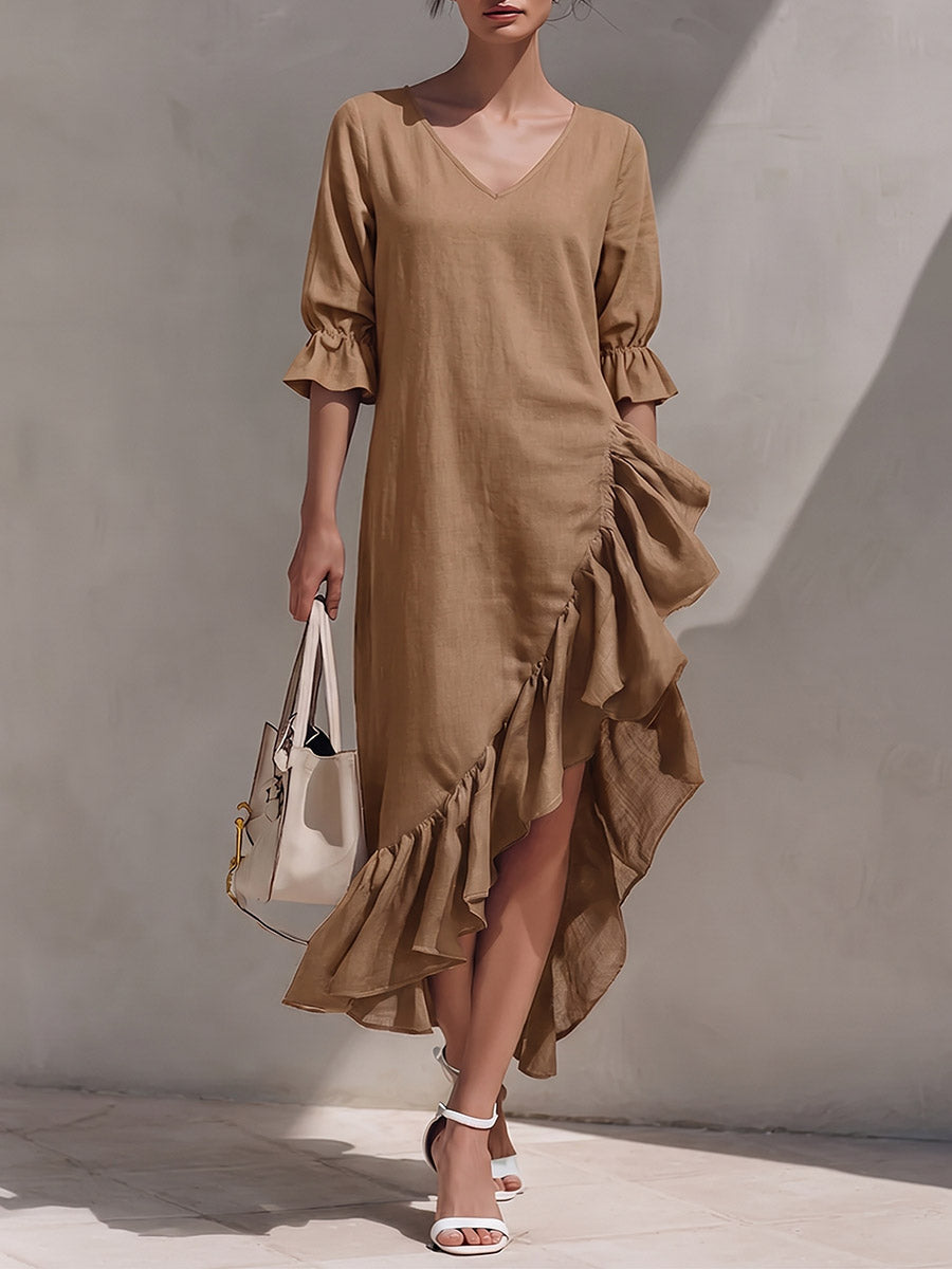 Robe décontractée pour femme en coton-lin, unie, col en V, manches 3/4, coupe ample avec détails à volants