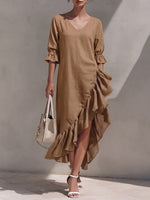 Robe décontractée pour femme en coton-lin, unie, col en V, manches 3/4, coupe ample avec détails à volants