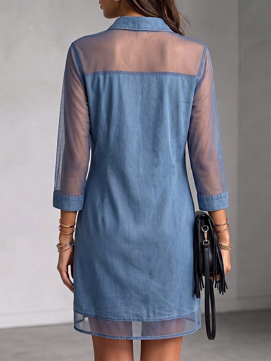 Damen Freizeit Jeanskleid mit lockerem Schnitt, Chiffon-Einsätzen, Reverskragen und 3/4-Ärmeln