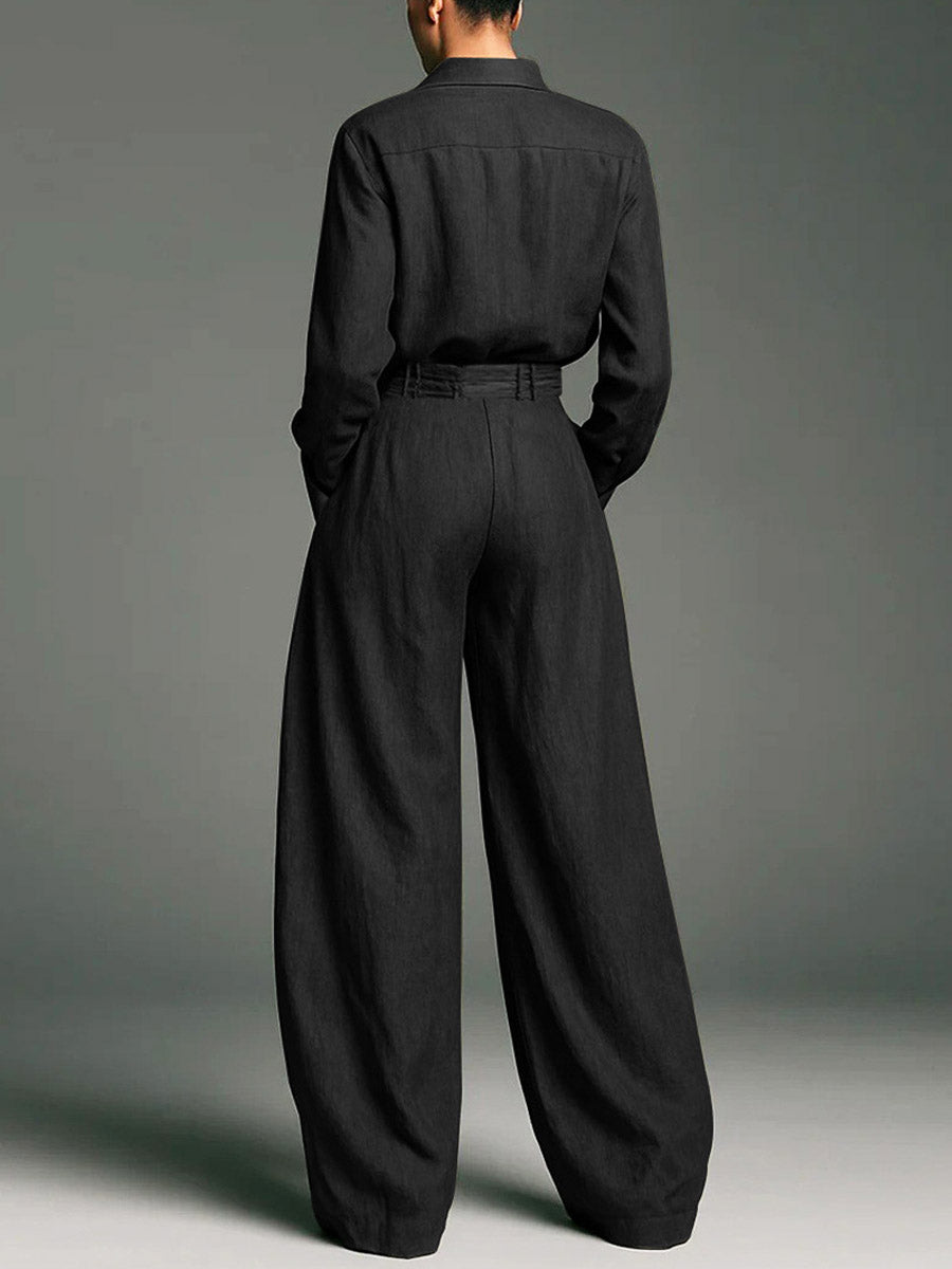 Damen Zweiteiler aus einfarbigem Stoff mit lässigem Kunst-Lapel-Oberteil und Hose