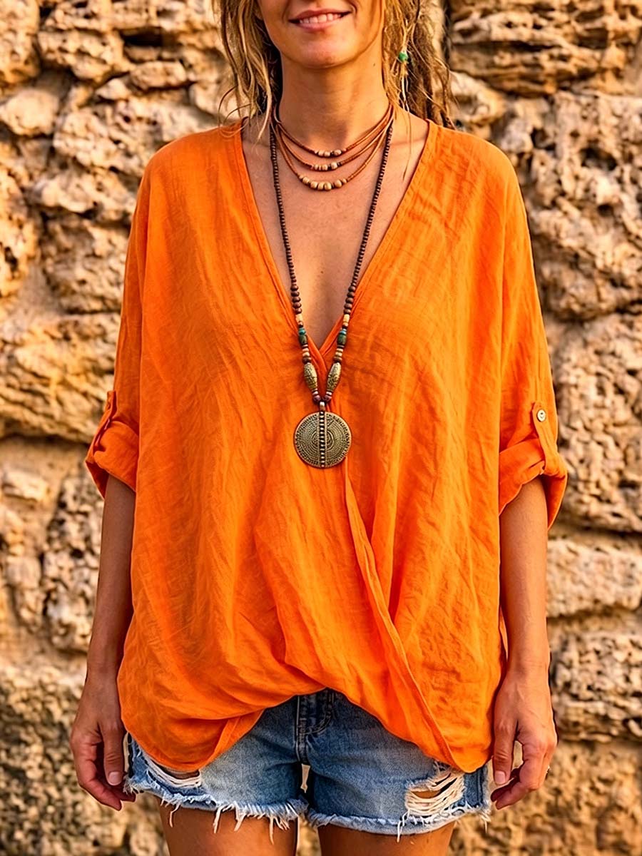 Top casual da donna in cotone e lino, a tinta unita, con scollo a V e maniche lunghe, dalla vestibilità ampia.
