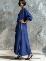 Vestido Minimalista Elegante de Algodão e Linho com Mangas Lanterna e Detalhe em Vivo