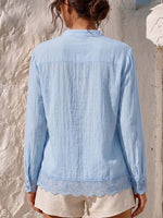 Damen Langarmshirt aus Baumwoll-Leinen mit Stehkragen, einfarbig, locker geschnitten, mit Spitzenbesatz