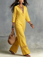 Boho-Chic Gelber Jumpsuit aus Baumwoll-Leinen mit ausgeschnittenen Säumen