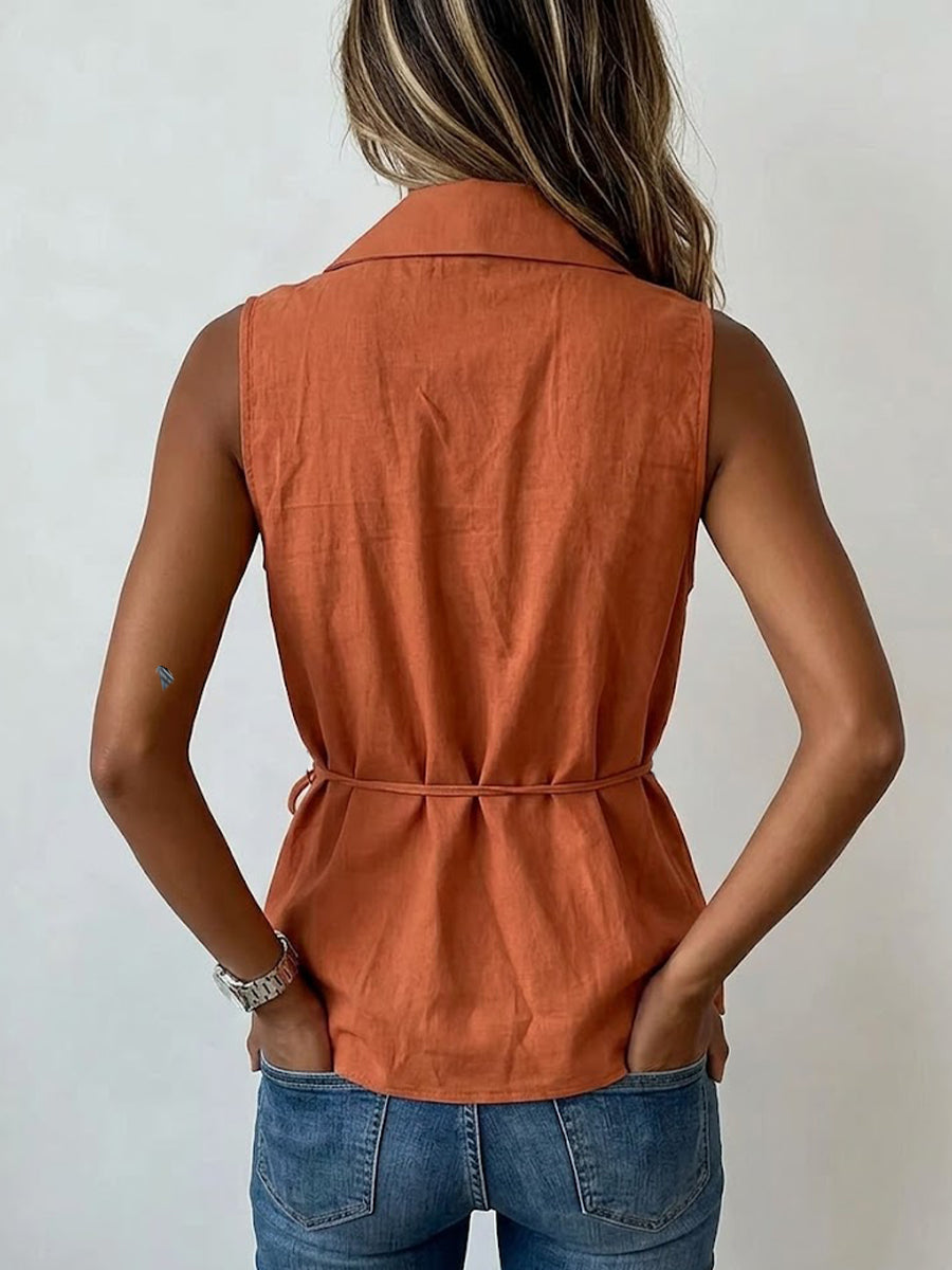 Camicia casual senza maniche con colletto in lino e cotone
