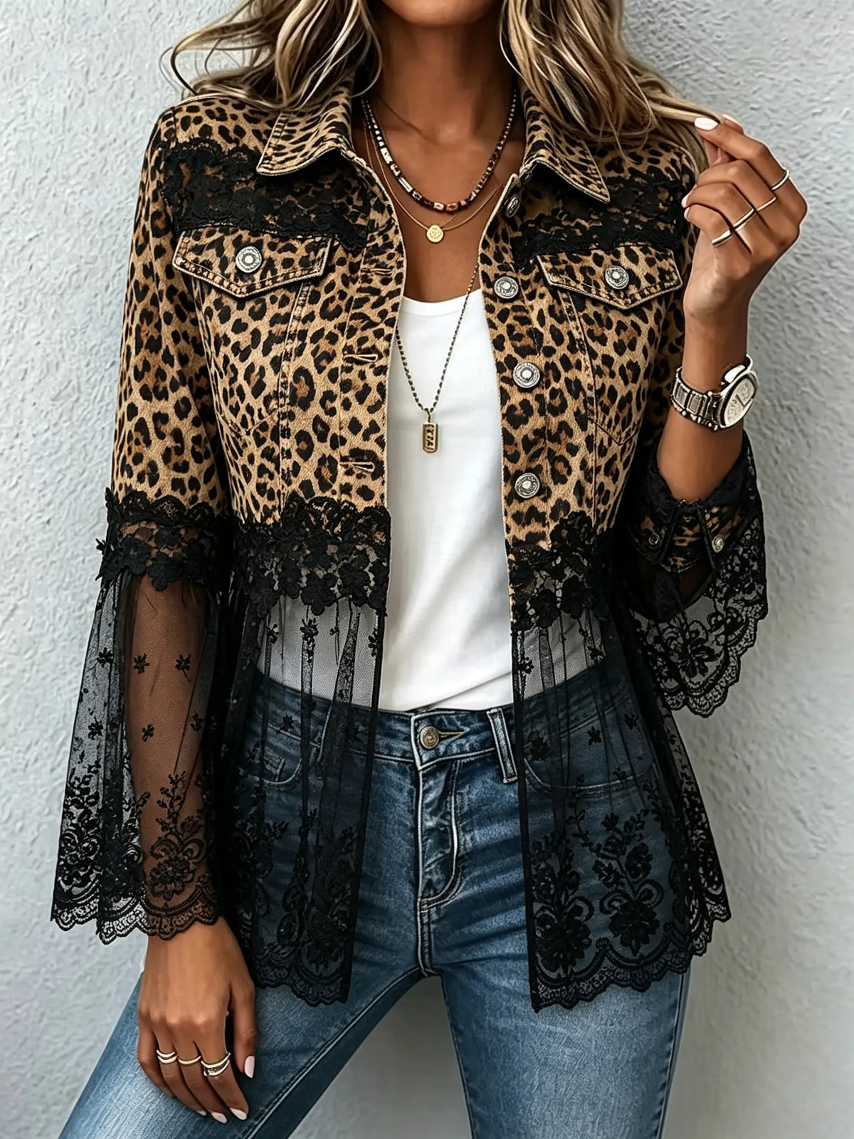 Veste en jean pour femme avec dentelle léopard