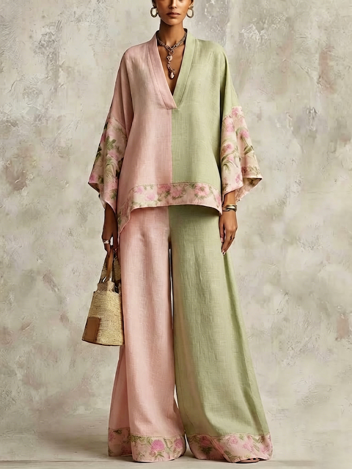 Conjunto de 2 piezas: blusa de lino mezcla con estampado floral en bloques de color rosa y verde, escote en V y mangas anchas, pantalones de pierna ancha