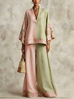 Conjunto de 2 piezas: blusa de lino mezcla con estampado floral en bloques de color rosa y verde, escote en V y mangas anchas, pantalones de pierna ancha