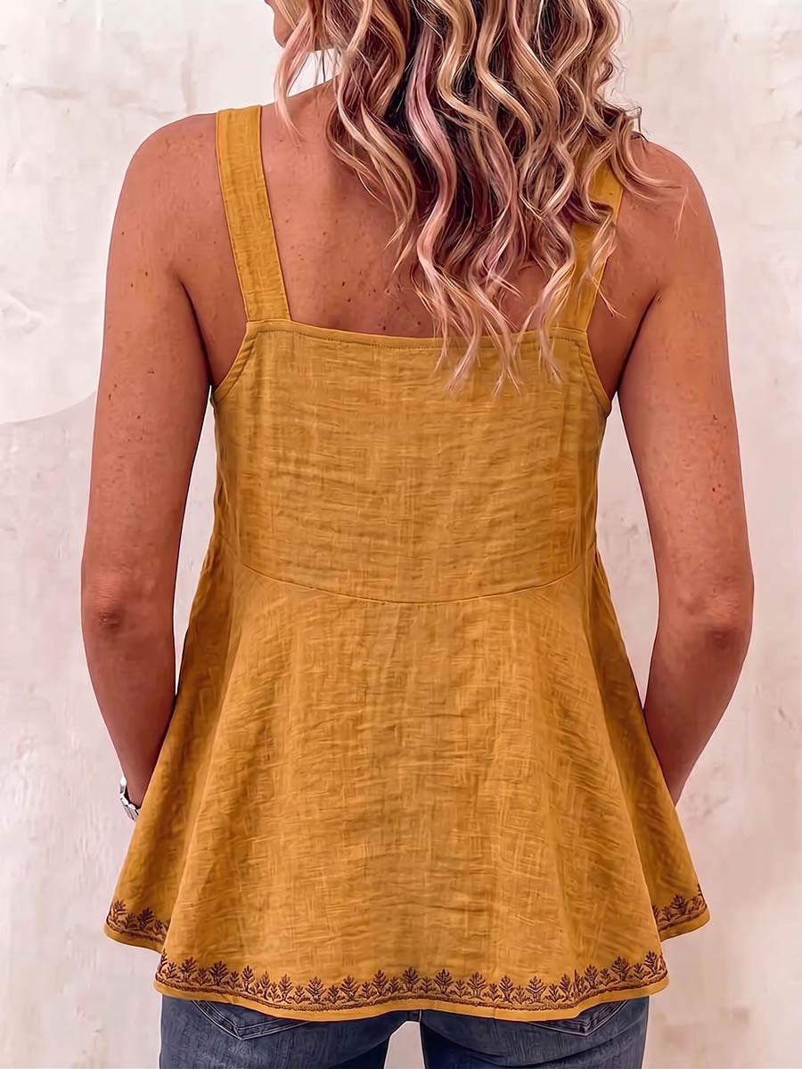 Top da donna casual, ampio, a linea ad A, in cotone e lino, senza maniche, con scollo a V e stampa posizionata.