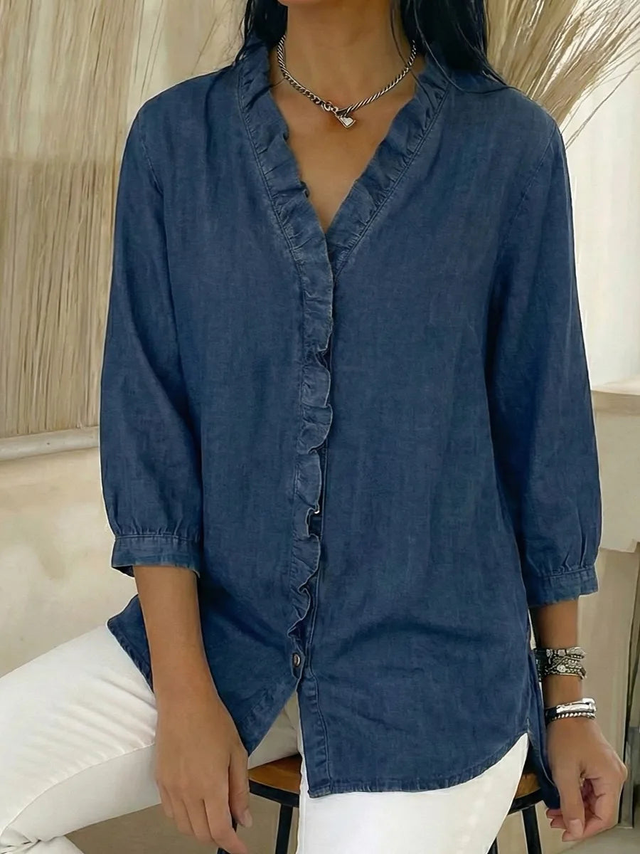 Camicia casual da donna in denim con scollo a V e volant