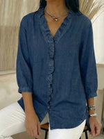 Camicia casual da donna in denim con scollo a V e volant