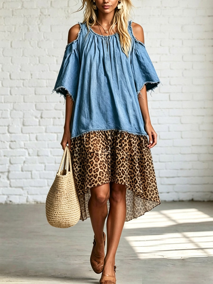 Retro Leopardenmuster Jeans Patchwork Lockeres Kunst Casual Midi Kleid
