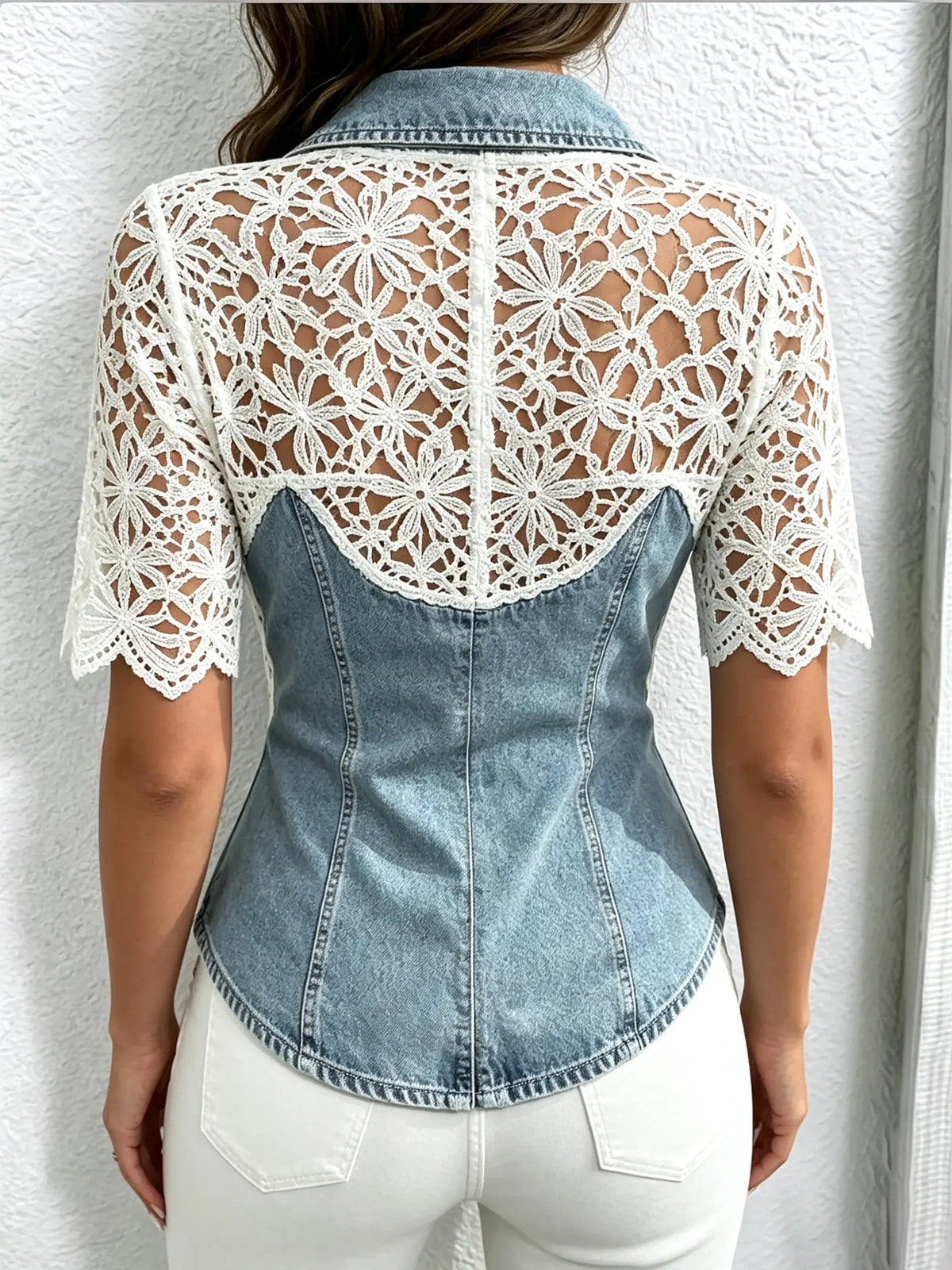 Dames Bloemen Hollow Kant Patchwork Rits Taille Korte Mouw Denim Blouse