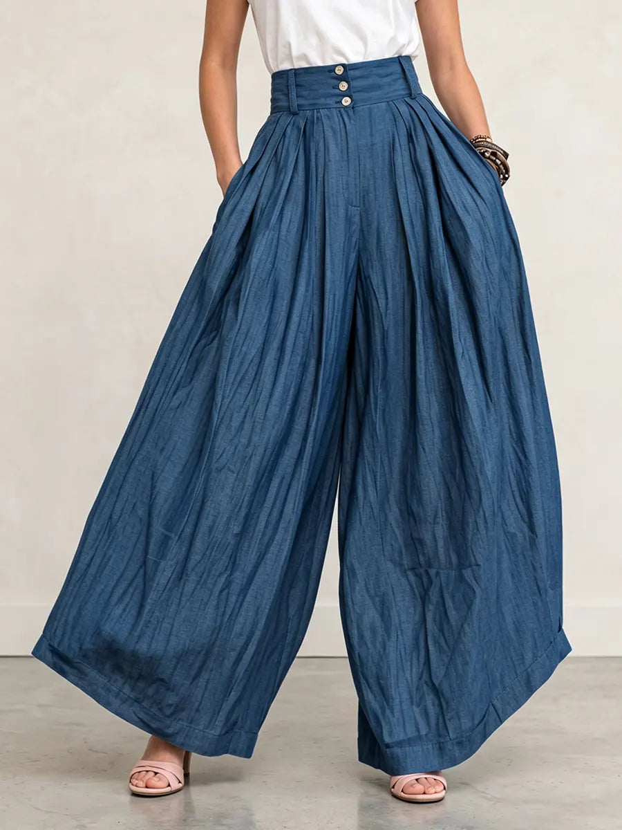 Pantaloni Palazzo a Vita Alta in Denim Tancel con Pieghe Drammatiche