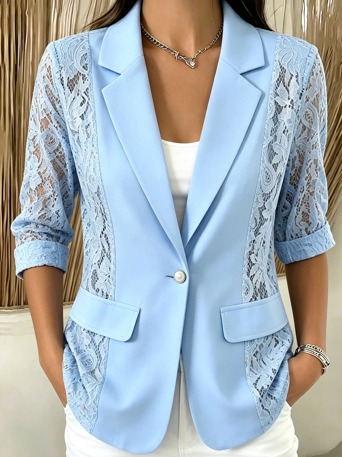 Giacca blazer da donna con pizzo, maniche 3/4, rever con intaglio e chiusura con un bottone