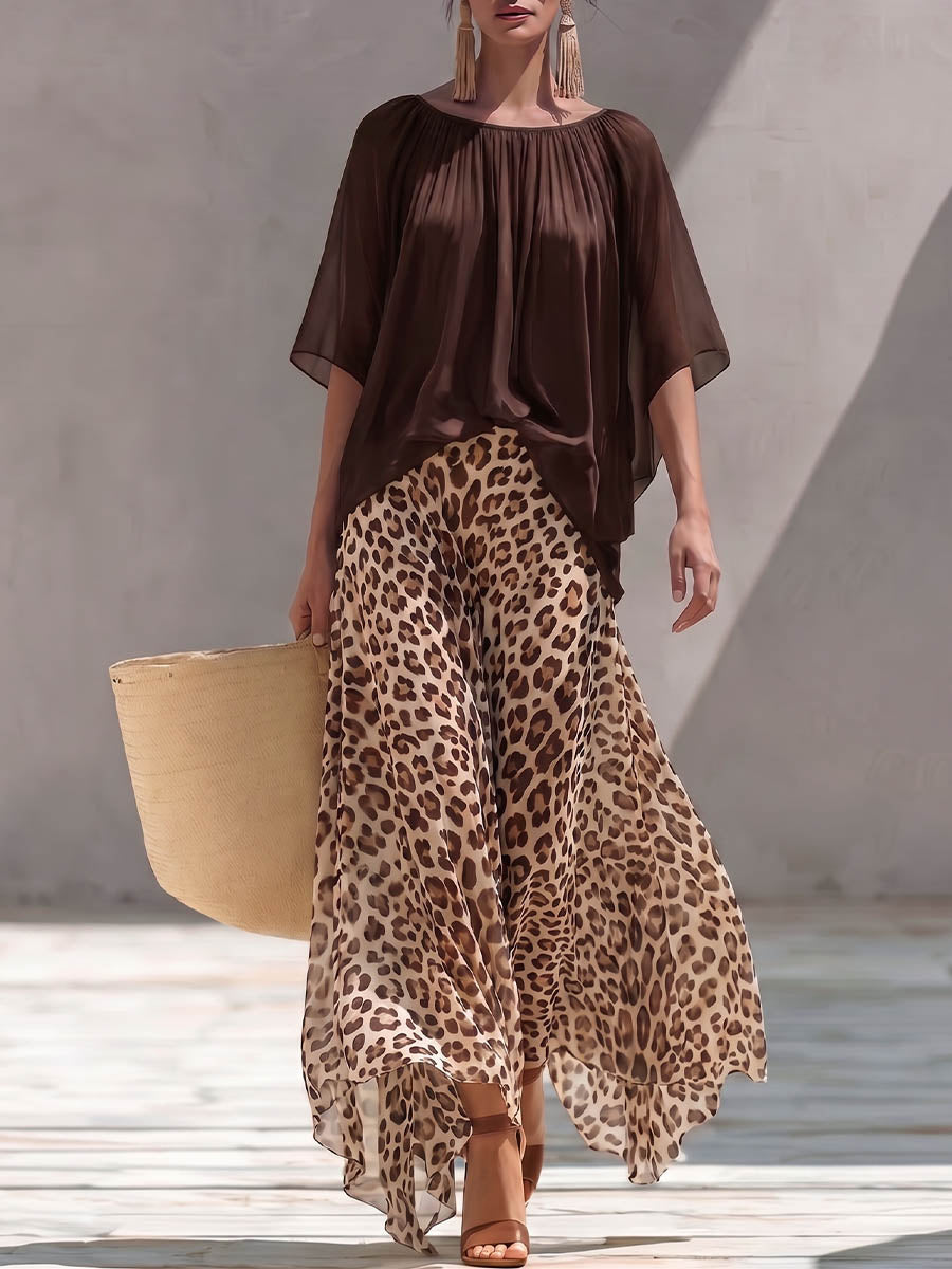 Damen Freizeitlockeres Chiffon-Top mit Rundhalsausschnitt, 3/4-Ärmeln und hoch tailliertem A-Linien-Rock mit Leopardenmuster Set