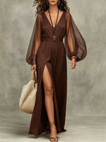 Maxikleid für Damen aus Chiffon mit Laternenärmeln und hohem Schlitz