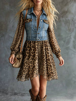 Vestito patchwork in denim e stampa leopardata