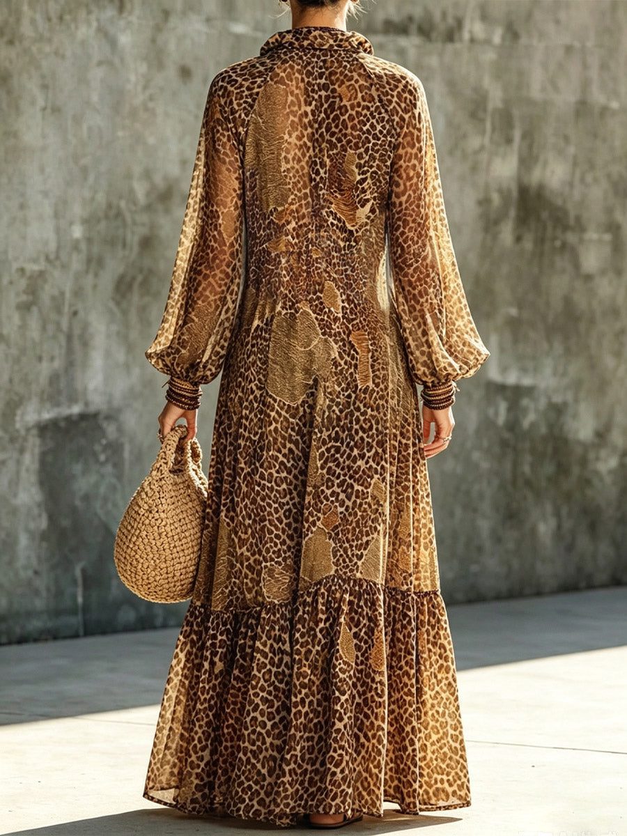Retro Leopardenmuster Locker Elegantes Kunstvolles Freizeitkleid mit langen Ärmeln aus Chiffon